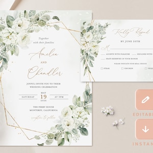 Modelo de convite de casamento floral branco geométrico, convite de casamento dourado e branco, conjunto elegante de convite verde sábio, RSVP DIY imprimível