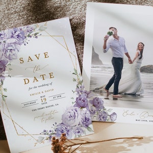 Lavanda Guardar la plantilla de fecha, foto floral lila boda guardar las fechas, Boho elegante oro geométrico guardar la tarjeta de fecha, descarga instantánea