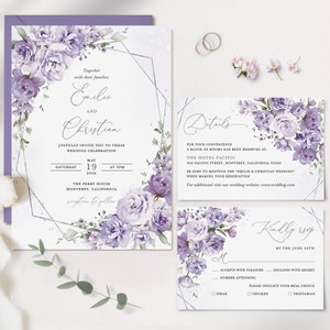 Lavender Floral Wedding Invitation Set Template, Lilac Silver Invite Suite, Elegant Boho Purple Geometric Garden Details RSVP Card, Download