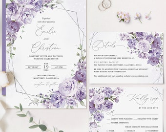 Lavender Floral Wedding Invitation Set Template, Lilac Silver Invite Suite, Elegant Boho Purple Geometric Garden Details RSVP Card, Download