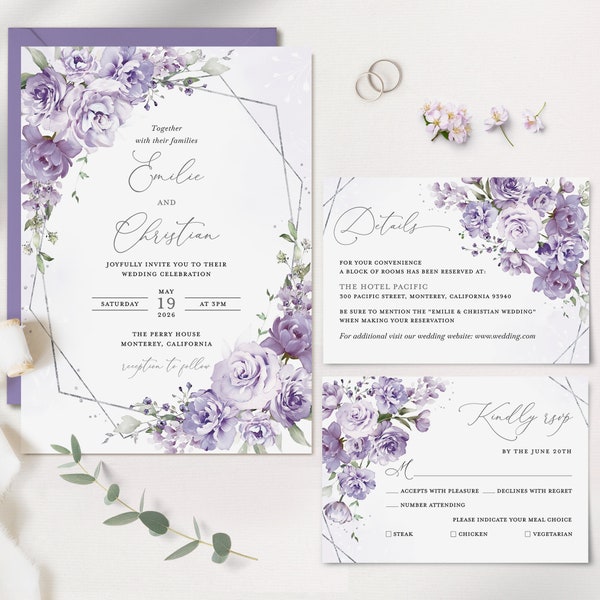 Modèle d'ensemble de faire-part de mariage floral lavande, suite d'invitations lilas argent, élégant jardin géométrique mauve bohème carte RSVP, téléchargement