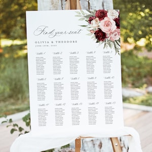 Bourgondische bruiloft zitplaatsen grafiek sjabloon, afdrukbare Blush roze grote gast zitplaatsen grafiek teken, bewerkbare Boho Floral Rose tafel zitplaatsen Board