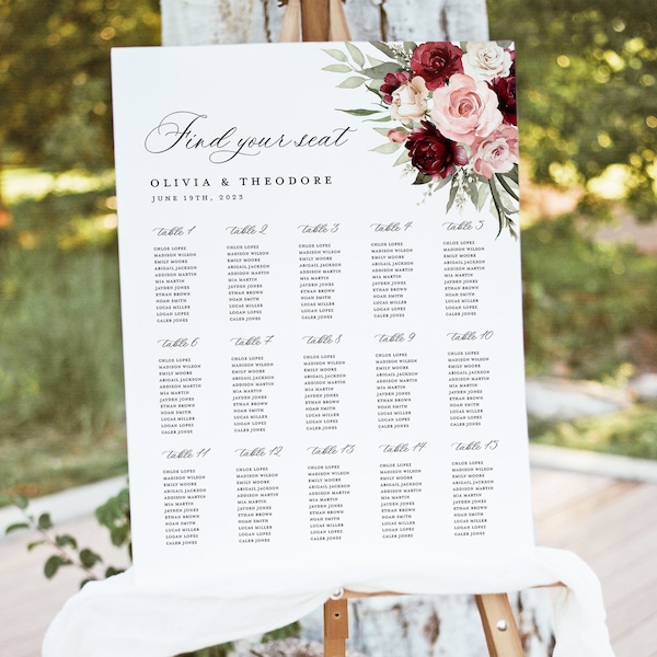 Burgundy Wedding Seating Chart Template, Printable Blush Pink Large Guest Seating Chart Sign, Editable Boho Floral Rose Table Seating Board