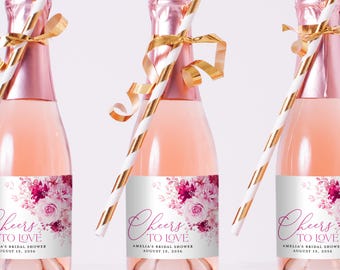 Hot Pink Mini Champagne Bottle Labels, Bridal Shower Template, Floral Editable Printable Magenta Fuchsia Wedding Favors Sticker, Download