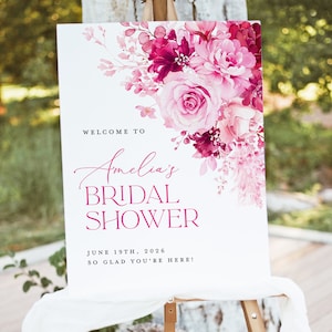Hot Pink Bridal Shower Welcome Sign Template, Floral Boho Bridal Brunch Sign, Printable Elegant Magenta Fuchsia Rose Welcome Sign, Download