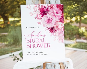 Hot Pink Bridal Shower Welcome Sign Template, Floral Boho Bridal Brunch Sign, Printable Elegant Magenta Fuchsia Rose Welcome Sign, Download