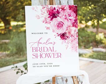 Hot Pink Bridal Shower Welcome Sign Template, Floral Boho Bridal