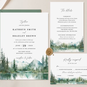 Berg Hochzeit Einladung Vorlage Set, See Wald Wald Hochzeitseinladung Set, rustikale Salbei Details Karte, druckbare Antwortkarten, Download