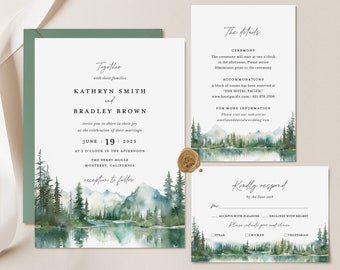 Mountain Wedding Invitation Template Set, Lake Woodland Forest Wedding Invite Suite, Rustic Sage Details Card, Printable RSVP, Download