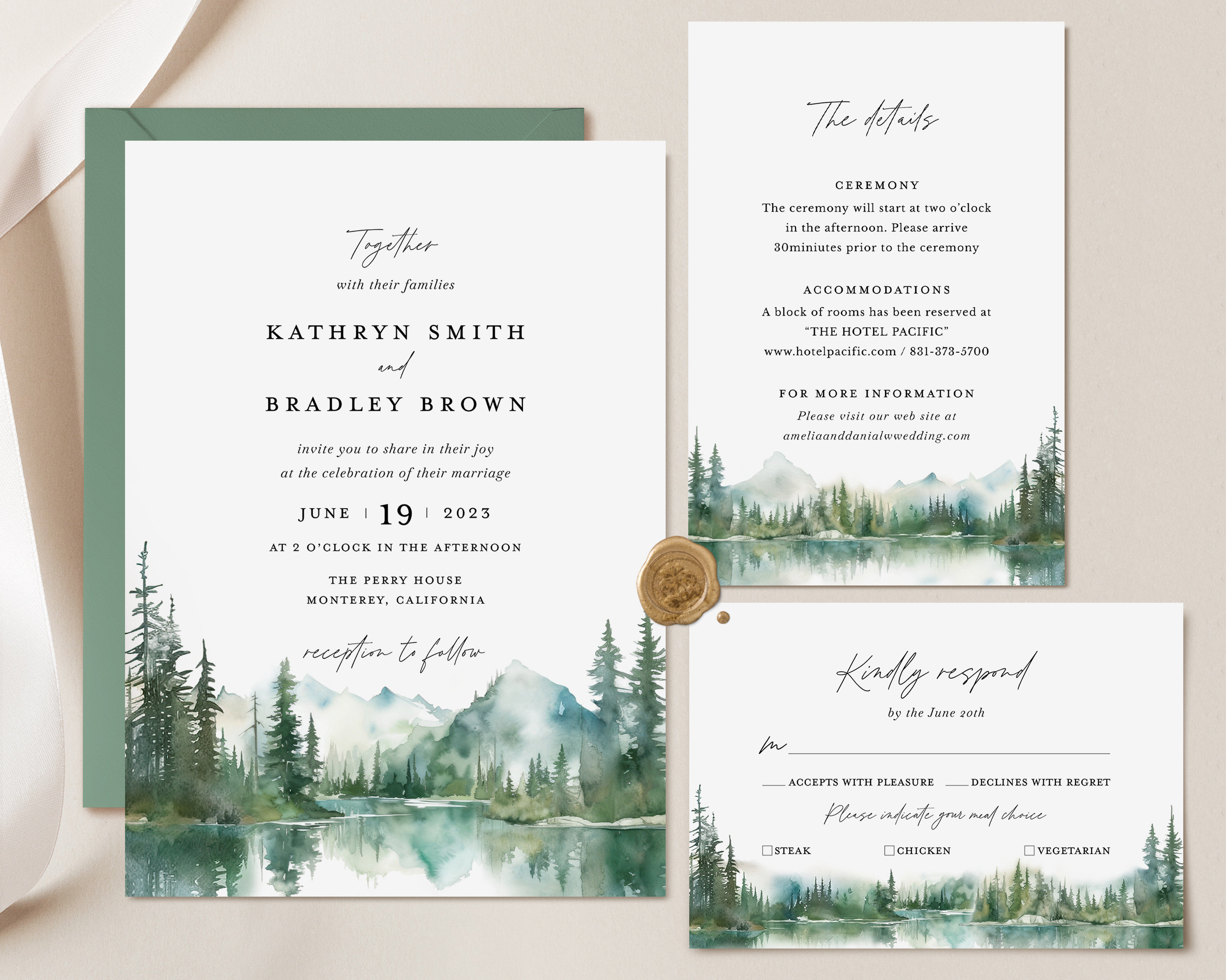 Mountain Wedding Invitation Template Set, Lake Woodland Forest Wedding Invite Suite, Rustic Sage Details Card, Printable RSVP, Download