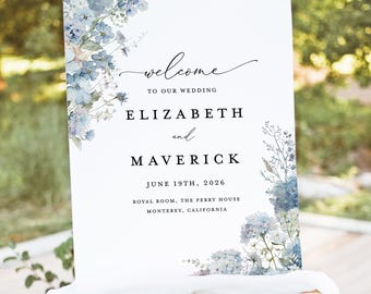 Plantilla de letrero de bienvenida para boda en azul polvoriento, letrero de recepción con decoración floral bohemia en azul claro, letrero grande elegante para jardín imprimible, descarga