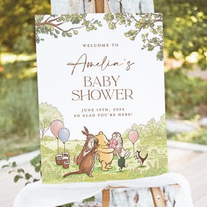 Plantilla clásica de bienvenida para baby shower de Winnie the Pooh, letrero editable de "Oh Baby Shower", póster de bienvenida con oso verde, descarga instantánea imagen 1