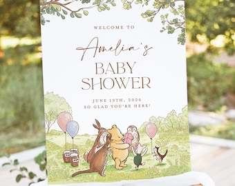 Classic Winnie The Pooh Baby Shower Welcome Sign Template, Editable Oh Baby Shower Sign, Bear Greenery Welcome poster, Instant Download