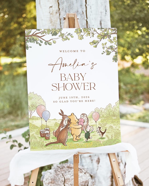 Classic Winnie The Pooh Baby Shower Welcome Sign Template, Editable Oh Baby Shower Sign, Bear Greenery Welcome poster, Instant Download