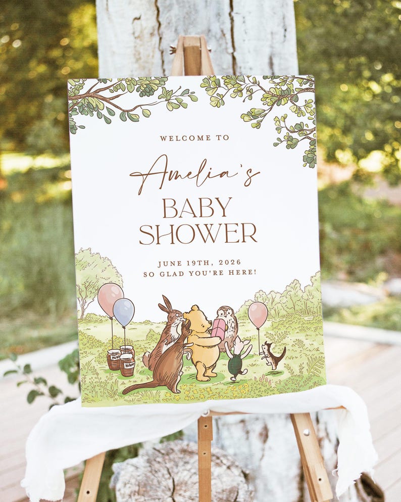 Plantilla clásica de bienvenida para baby shower de Winnie the Pooh, letrero editable de "Oh Baby Shower", póster de bienvenida con oso verde, descarga instantánea imagen 1