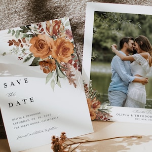 Modèle de cartes de réservation en terre cuite, mariage floral bohème photo, réservez des dates, élégantes cartes de réservation de rose orange brûlé, téléchargement