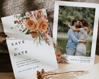 Terracotta Save The Date Cards Template, Photo Boho Floral Wedding Save The Dates, Elegant Burnt Orange Rose Save Our Date Cards, Download