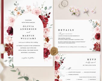 Burgundy Blush Wedding Invitation Template, Maroon Blush Arch Wedding Invite Set, Marsala Floral Watercolor Details Card, Red Printable RSVP