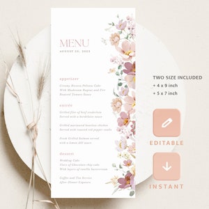 Boho Blush Rosa Menüvorlage, Brautparty Hochzeitsmenükarten, Floral elegantes druckbares Menü, bearbeitbares Brunch Abendessen, sofort Download