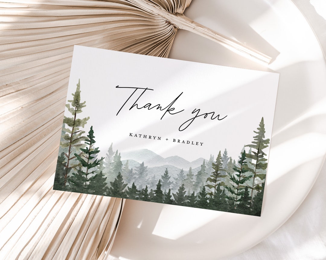 Mountain Wedding Thank You Card Template, Woodland Forest Pine Thank ...