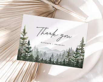 Mountain Wedding Thank You Card Template, Woodland Forest Pine Thank You Note, Rustic Sage Printable Thank You Table Place Card, Download