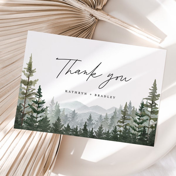 Modèle de carte de remerciement pour mariage en montagne, mot de remerciement pin forêt boisé, marque-place de Table imprimable sauge rustique, téléchargement