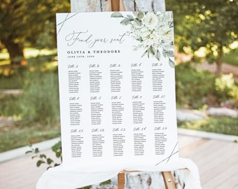 White Floral Wedding Seating Chart Sign Template, Sage Silver Printable Large Guest Seating Chart, Editable Elegant Table Seating Board