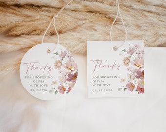 Thank You Favor Tag Template, Bridal Shower Blush Pink Editable Tag, Printable Wildflower Round Circle Square Tags, Instant Download, Amy