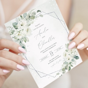 Geometrische Weiß Blumen Hochzeitseinladung Vorlage, Silber und Weiße Hochzeit Einladen Karte, Elegante Salbei Grüne Einladungen, Printable, Elena