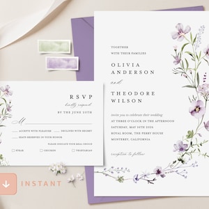 Lavender Wedding Invitation Template, Sage Green Wedding Invite, Lilac Wildflower Minimalist Invitation Set, Printable Greenery RSVP, Lana