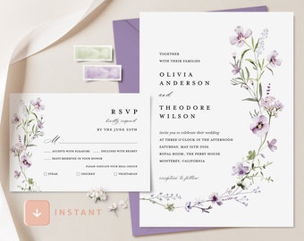 Lavender Wedding Invitation Template, Sage Green Wedding Invite, Lilac Wildflower Minimalist Invitation Set, Printable Greenery RSVP, Lana