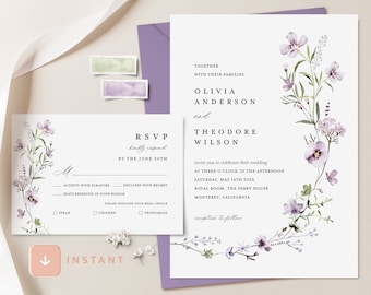 Lavender Wedding Invitation Template, Sage Green Wedding Invite, Lilac Wildflower Minimalist Invitation Set, Printable Greenery RSVP, Lana