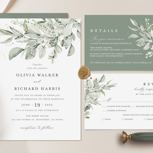 Sage Green Wedding Invitation Template, Boho Eucalyptus Wedding Invite Set, Elegant Minimal Greenery Details Card, Printable RSVP, Download