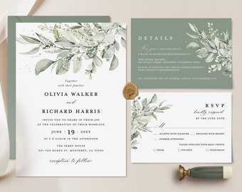 Sage Green Wedding Invitation Template, Boho Eucalyptus Wedding Invite Set, Elegant Minimal Greenery Details Card, Printable RSVP, Download