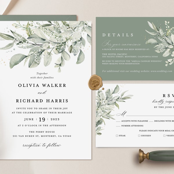 Sage Green Wedding Invitation Template, Boho Eucalyptus Wedding Invite Set, Elegant Minimal Greenery Details Card, Printable RSVP, Download