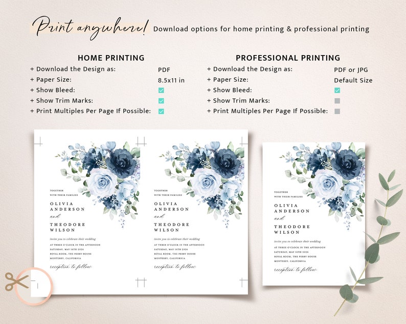 Dusty Blue Navy Wedding Invitation Template Set, Floral Boho Wedding Invites Suite, Elegant Garden Steel Light Blue Rose Details RSVP image 8