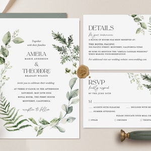 Modèle de faire-part de mariage minimaliste vert sauge, ensemble d'invitations de mariage rustique verdure forêt, carte détails botaniques modernes, RSVP imprimable