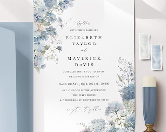 Plantilla de invitación de boda azul polvoriento, tarjeta de invitación floral bohemia, elegantes invitaciones imprimibles en azul acero claro para jardín, descarga