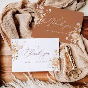 Modelo de cartão de agradecimento de casamento em terracota, nota de agradecimento floral boho, elegante cartão de agradecimento laranja queimado bege marrom, download