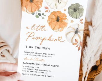 Little Pumpkin Baby Shower Invitation Template, Editable Invites, Fall Autumn Rustic Gender Neutral Baby Shower, Digital Instant Download