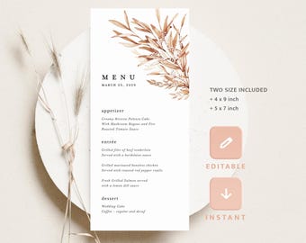 Terracotta Wedding Menu Cards Template, Rustic Fall Reception Menu, Printable Boho Beige Burnt Orange Elegant Greenery Dinner Menu, Download