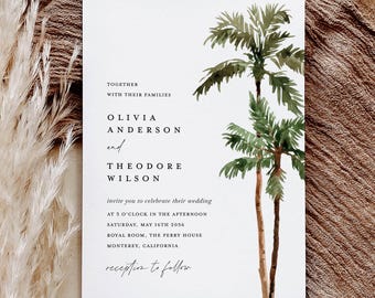 Palm Tree Wedding Invitation Template, Destination Beach Tropical Wedding Invites, Printable Boho Sage Green Invitations, Instant Download