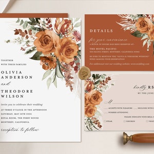 Terracotta Wedding Invitation Template Set, Boho Floral Wedding Invite Suite, Modern Burnt Orange Rose Elegant Details, Pampas RSVP image 2