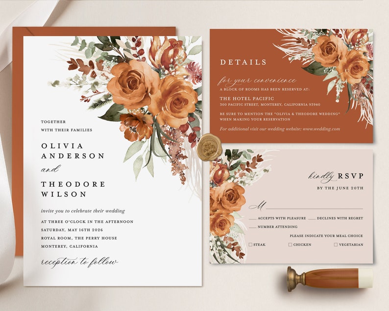 Terracotta Wedding Invitation Template Set, Boho Floral Wedding Invite Suite, Modern Burnt Orange Rose Elegant Details, Pampas RSVP image 2