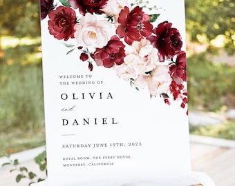 Burgundy Blush Wedding Welcome Sign Template, Boho Floral Rose Reception Decor Sign, Printable Marsala Maroon Large Signage, Download
