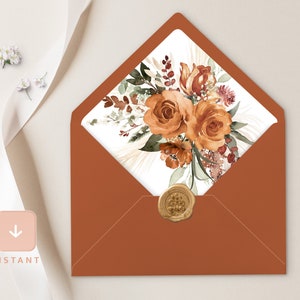 Terracotta Sage Envelope Liner Template, Floral Boho A6 and A7 Euro flap & Square Flap, Printable DIY Burnt Orange Wedding Envelope Liners