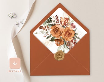 Terracotta Sage Envelop Liner Template, Floral Boho A6 en A7 Euro flap & Square Flap, Afdrukbare DIY Burnt Orange Wedding Envelope Liners