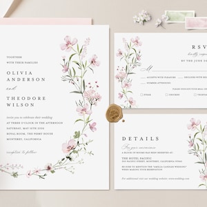 Blush Pink Wedding Invitation Template, Boho Floral Wedding Invite Set, Sage Blush Wildflower Minimalist Details Card, Printable RSVP