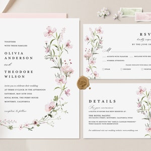 Blush rosa Hochzeitseinladung Vorlage, Boho Blumenhochzeit einladen Set, Salbei Blush Wildblume Minimalist Details Karte, druckbare Antwortkarten