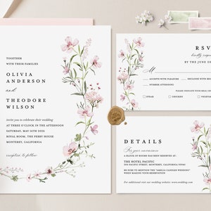 Blush Pink Wedding Invitation Template, Boho Floral Wedding Invite Set, Sage Blush Wildflower Minimalist Details Card, Printable RSVP